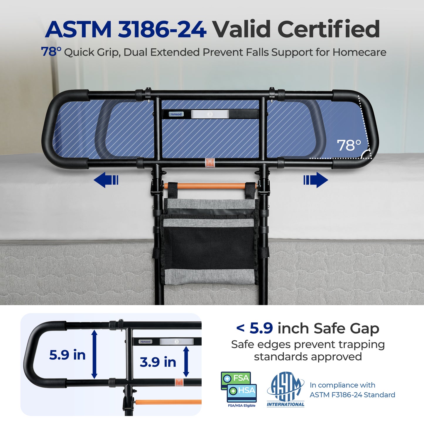 Nimood C5 Pro Bed Assist Rails for Seniors, 350LBS Stable Tool-Free Foldable Bed Guard Rail with Non-Slip Ergonomic Wider Handrail, Extension Heights
