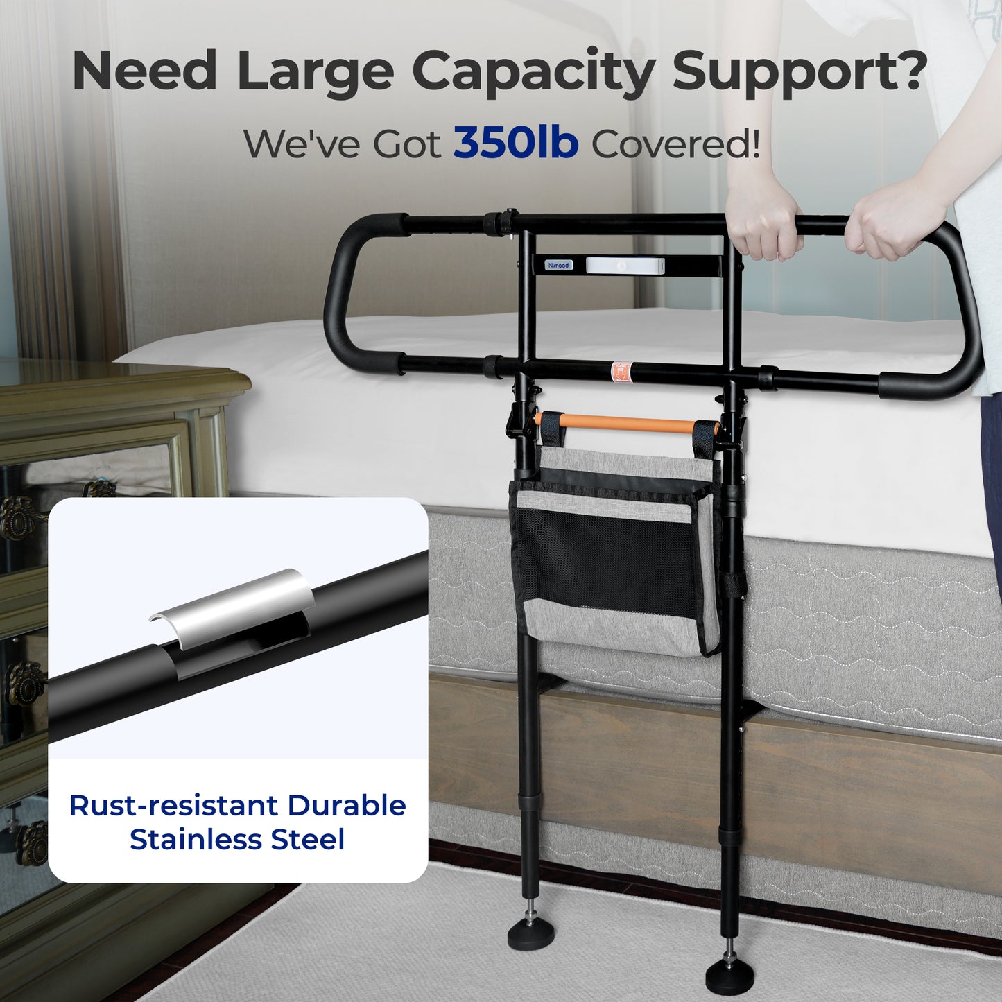 Nimood C5 Pro Bed Assist Rails for Seniors, 350LBS Stable Tool-Free Foldable Bed Guard Rail with Non-Slip Ergonomic Wider Handrail, Extension Heights