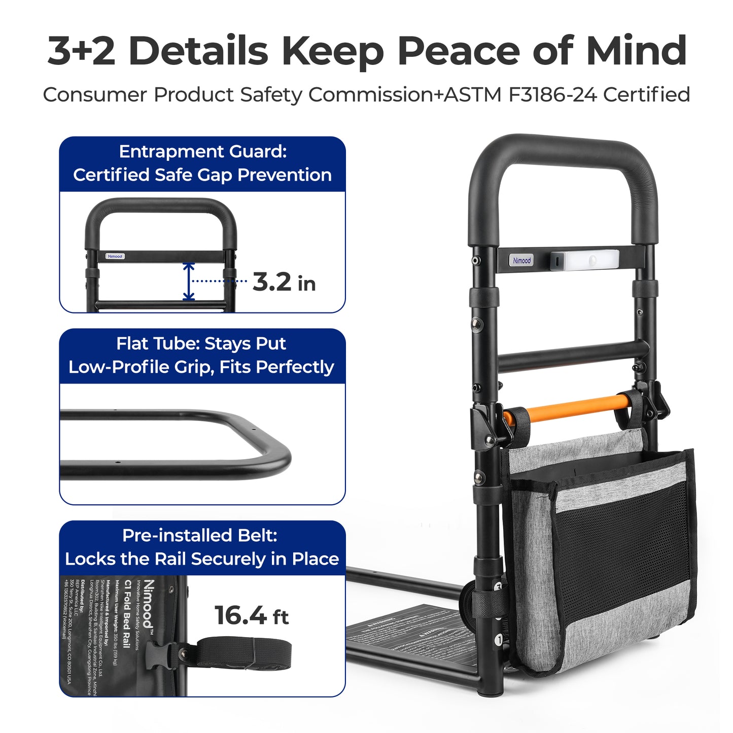 C1 Fold Pro Bed Rails for Elderly Adults Safety - Sensor Light & Storage Pocket