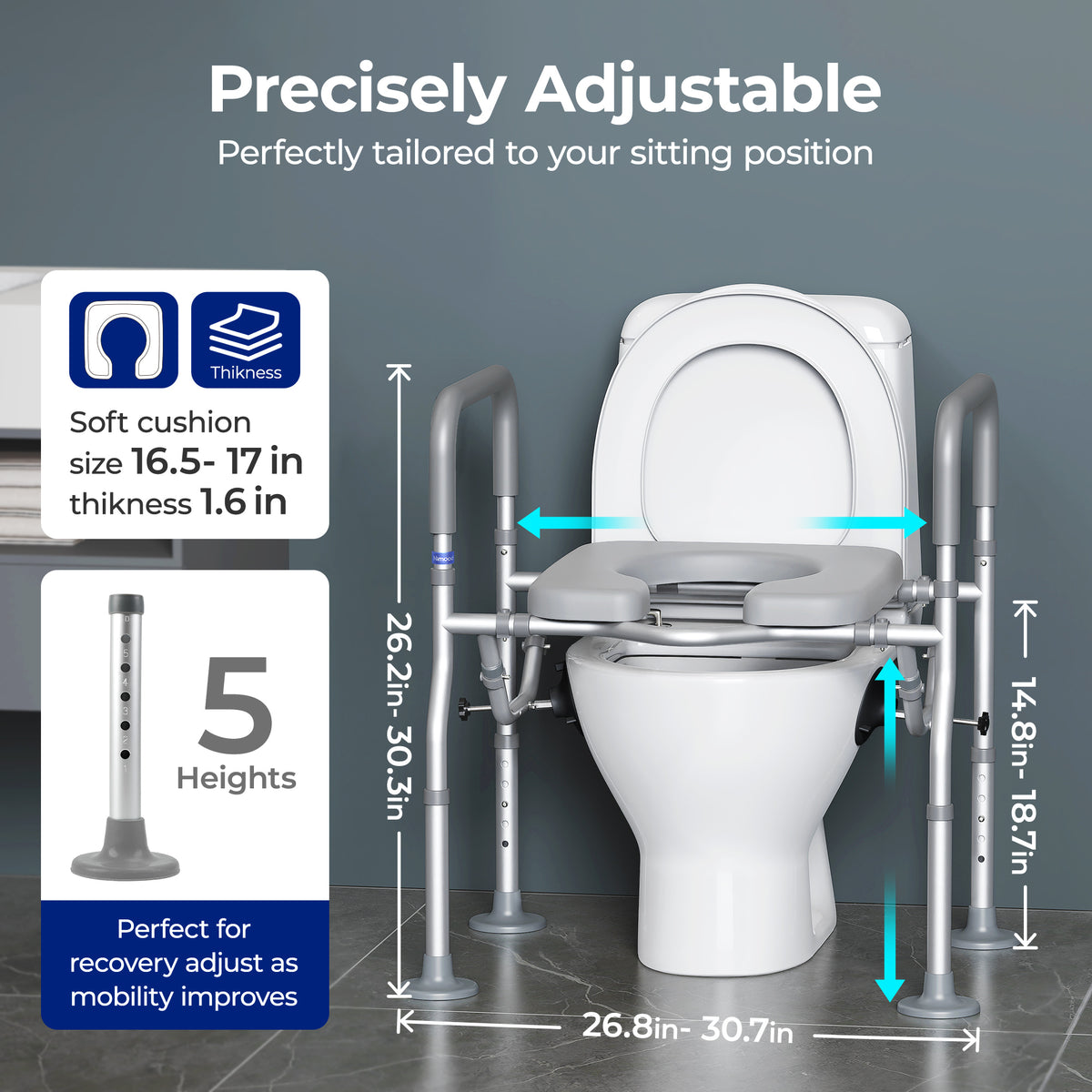 T1 Toilet Seat Riser for Seniors, Raised Toilet Seat with Handles with Adjustable Height Width