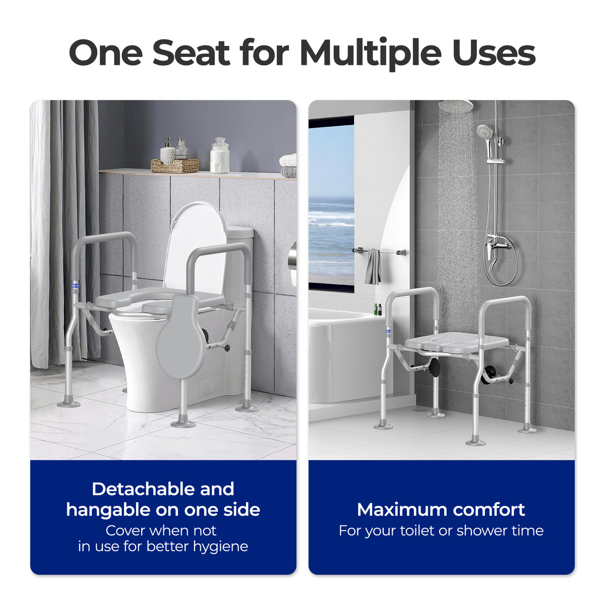T1 Toilet Seat Riser for Seniors, Raised Toilet Seat with Handles with Adjustable Height Width
