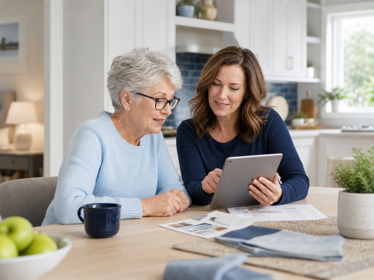 Caregiver helping an older adult review Nimood bedside support options at home