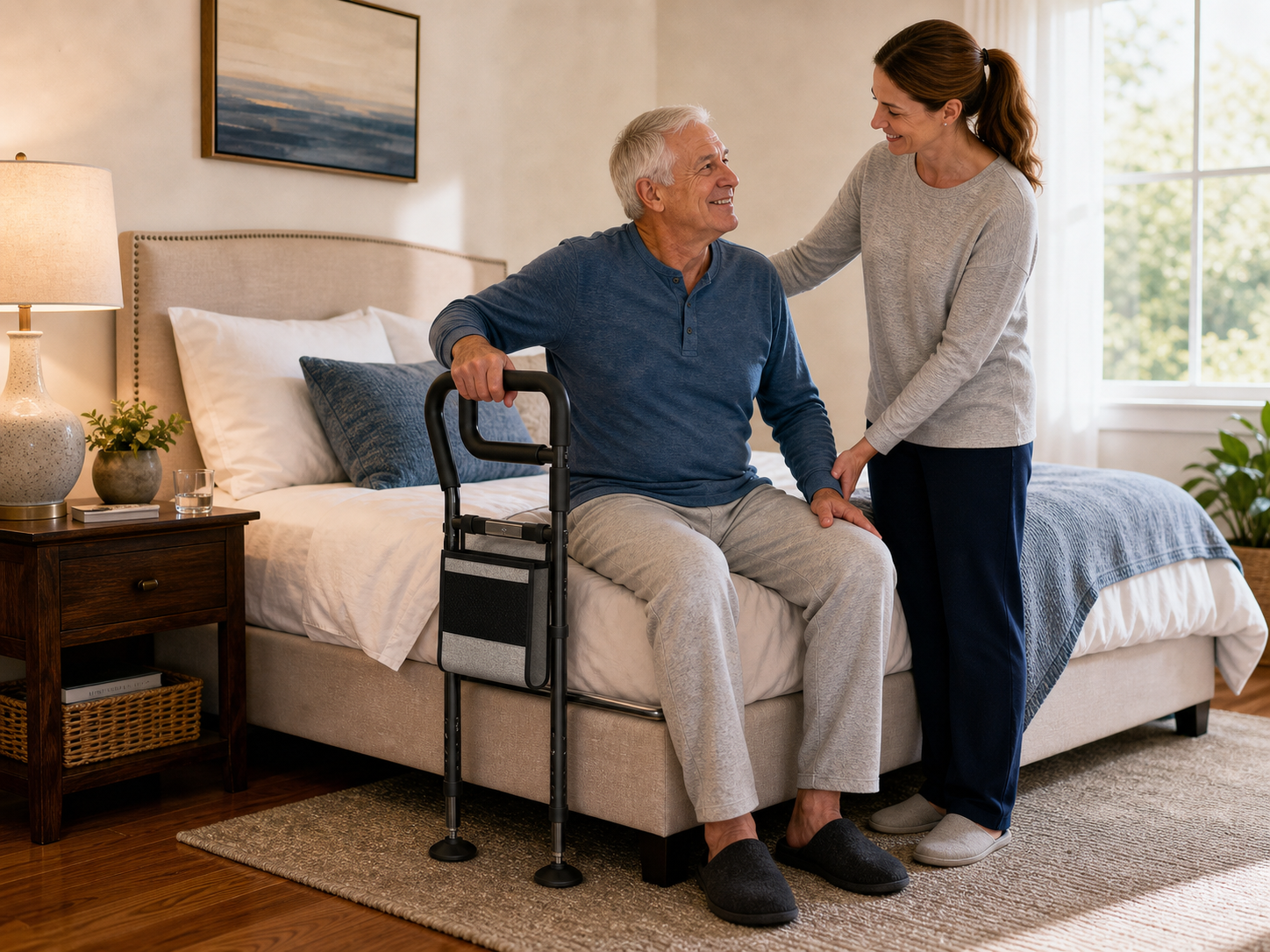 Older adult using a Nimood bedside support rail in a calm home bedroom